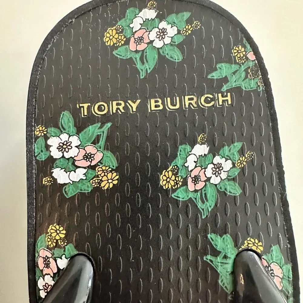 Tory Burch Black Floral Wedge Flip Flops - Picture 4 of 5